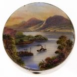 A George V silver and enamel compact, the lid painted with lake scene, 49mm diam, by H C Davis,