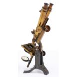 A brass compound binocular inclining microscope, late 19th c, Field & Co Suffolk St Birmingham,