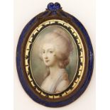 A French decorative oval portrait miniature of a lady, late 19th c, in 18th c style, ivory, oval, 69