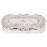 A Victorian silver snuff box, with waisted sides and chased thumbpiece, engine turned, 95mm l, by