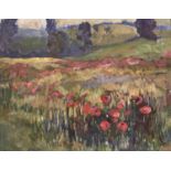 British School, 20th c - Field of Poppies, indistinctly signed, oil on board, 34 x 44.5cm Good
