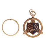 A gold and enamel prize fob medal, inscribed Peterborough Infirmary Cup 1914, marked 9ct and a 9ct