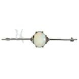 An Art Deco opal bar brooch, c1930, in white gold, scratched inventory number. 2.9g File mark on