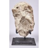 A medieval style limestone carving of a human head, 19cm h, metal stand (2) Apparent from images