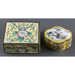Two Canton enamel yellow ground boxes, 20th c, 80mm and 10.5cm l Good condition
