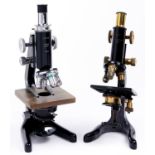 Two brass or chromium plated and black painted ferrous metal compound microscopes, W Watson & Sons