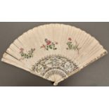 A Chinese export ivory fan, early 19th c, the leaf finely painted with birds and flowers, the guards