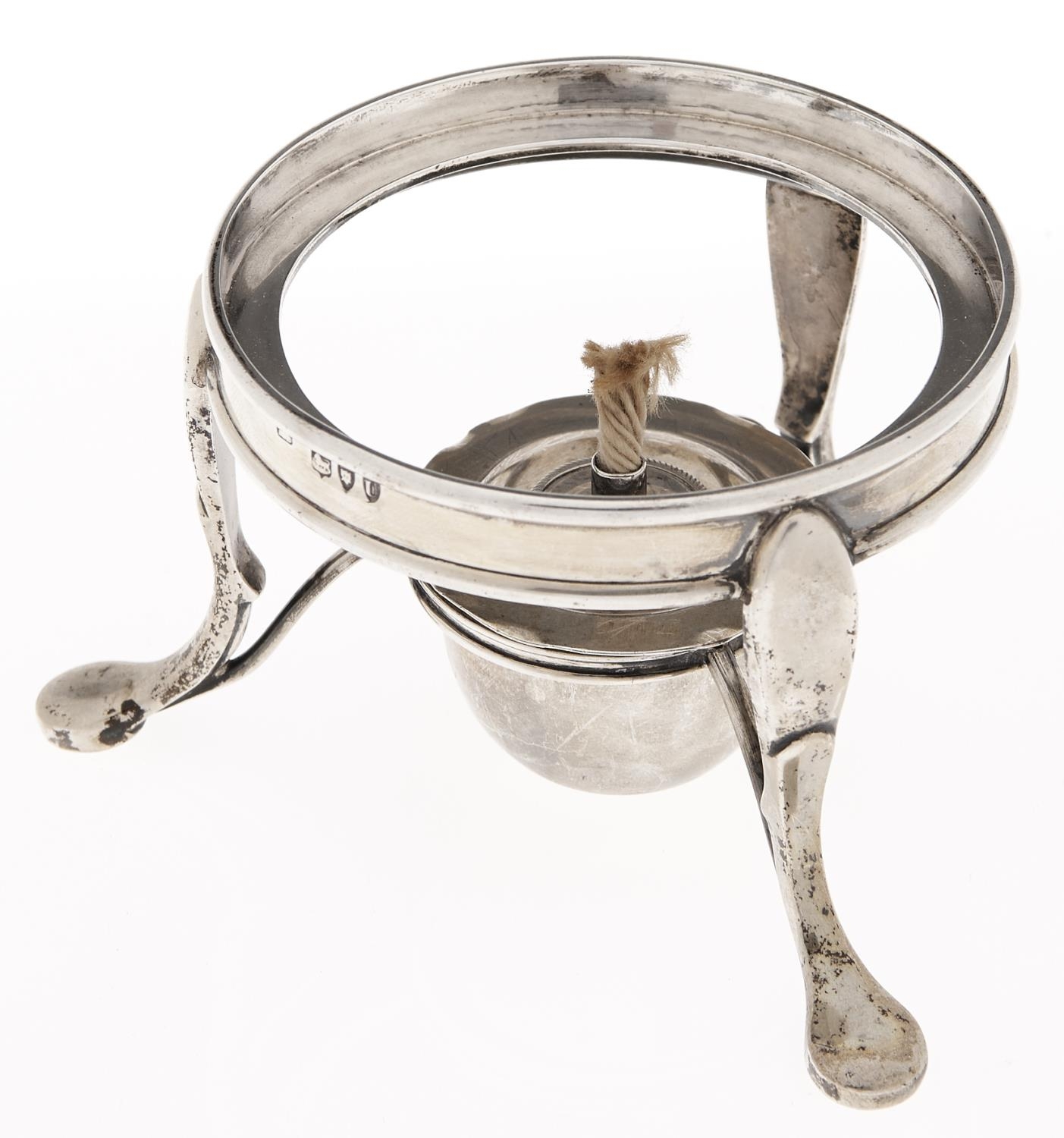 A Victorian silver kettle stand and spirit lamp, on three legs, 90mm diam, by Henry Stratford