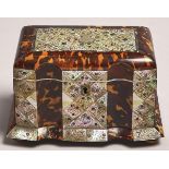 A Victorian tortoiseshell tea caddy, mid 19th c, with engraved mother of pearl and abalone