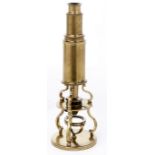 A brass Culpepper type tripod microscope, first half 19th c, the body tube on three S-shaped