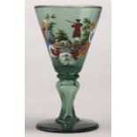 A German enamelled green  wine glass, 19th c, the conical bowl with the scene of a sportsman and his