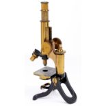 A brass compound microscope, Henry Crouch London, No 9255, late 19th c, the triangular limb on