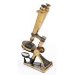 A brass compound binocular microscope, R & J Beck, London, No 6244, late 19th c, the limb focusing