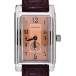 A Tiffany stainless steel rectangular wristwatch, ref 2531/2, with pink dial and quartz movement, 24