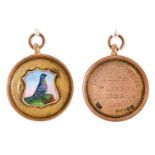 Pigeon Racing.  A 9ct gold and enamel watch fob shield, the reverse engraved The Davidson Medal, N.