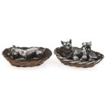 Two Continental silver toys in the form of a cat and kittens and puppy, in oval silver or silver