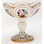 An overlay glass fruit stand, Bohemian or French, c1870,  painted with flowers and gilt, 16.5cm h