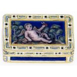 A Swiss gold and enamel vinaigrette, early 19th c, the lid painted with Putto in blue and white