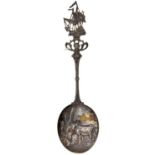 A decorative Dutch silver spoon, in 17th c style, with ship terminal, the bowl stamped with farmer