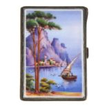 A Continental silver cigarette case, the lid enamelled with a Mediterranean coastal scene, import
