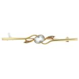 An aquamarine and split pearl bar brooch,  early 20th c, in gold marked 15ct, 5.5g Good condition