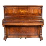 A walnut and inlaid upright piano, W R Yates & Sons London, late 19th c, 140cm l Lacking candle