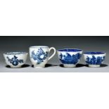 A Caughley tea bowl and coffee cup and two Worcester tea bowls, c1780-90, transfer printed in