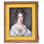 J or T Wheeler (fl. 1817-45) - Portrait miniature of a Lady, her dark hair in ringlets, with gold