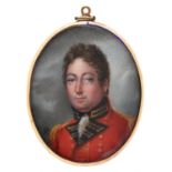 English School, early 19th c - Portrait Miniature of an Officer, with dark brown hair, in scarlet