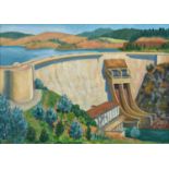 P Lewis, 1960 ‘ Castelo do Bode Dam, Portugal, signed and dated, oil on hardboard, 62.5 x 90cm