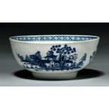 A Worcester bowl, c1765, transfer printed in underglaze blue with the Plantation Print pattern, 19cm