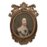 A fine English embroidered miniature of Charles I, London, c1660-70, silk and metal thread, based on