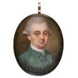 English School, 18th c - Portrait Miniature of a Man called Oliver Goldsmith, with powdered hair, in