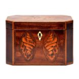 A George III mahogany cut cornered tea chest, c1800, inlaid to the exterior and underside of the