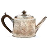 A George III oval silver teapot, with beaded rims and engraved border, 13.5cm h, by Hester