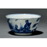 A Vauxhall tea bowl, c1757, painted in deep underglaze blue with two Chinese figures beside a fence,