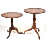 Two George III oak tripod tables, early 19th c, one with dished top, 55.5 and 56cm diam