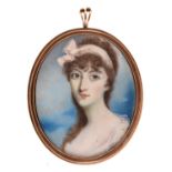 English School, early 19th c - Portrait Miniature of a Lady, wearing a white bow in her light