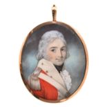 English School - Portrait Miniature of an Officer, in scarlet coat with white facings, silver