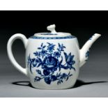 A Worcester barrel shaped teapot and cover, c1770, transfer printed in underglaze blue with the