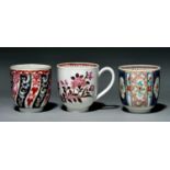 Three Worcester coffee cups, c1770, decorated in the Queen Charlotte and other patterns, 65mm h