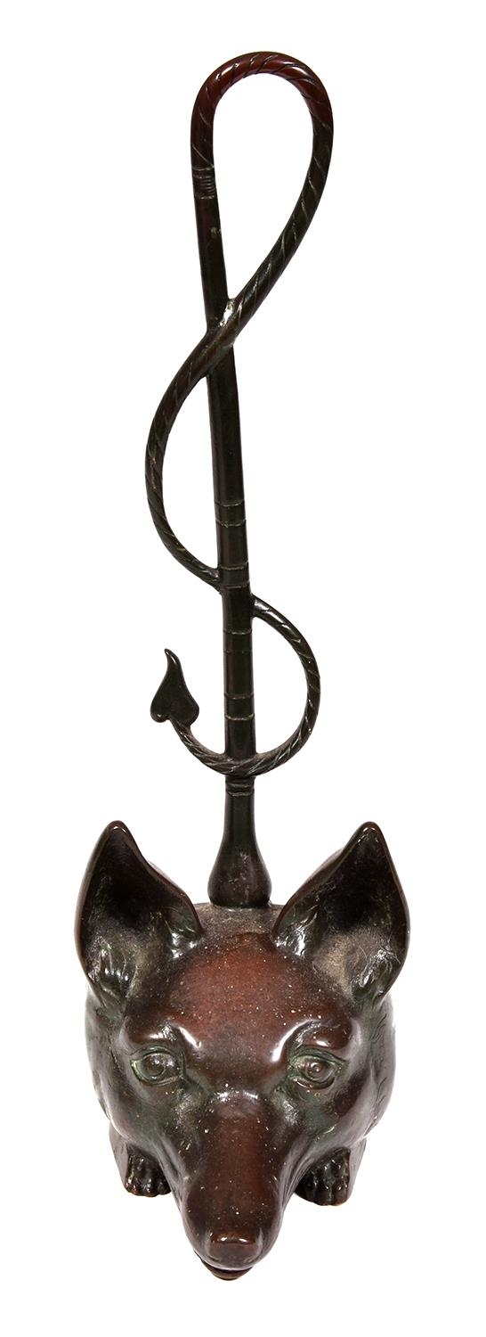 A Victorian brass fox head and whip door stop, mid 19th century, lead-weighted, 42cm high