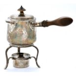 A George III silver brandy pan, cover and lampstand, the cover with hinged lip-lid, engraved with