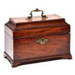 A George III mahogany tea chest, late 18th century, with herringbone stringing, the three caddies to