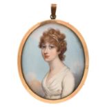 English School, c1790 - Portrait Miniature of a Lady, in a white dress and pearls in her curly light