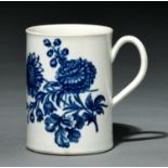 A Worcester mug, c1760-70, transfer printed in underglaze blue with the Natural Sprays Group