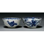 Two Worcester blue and white bowls, c1770-85, painted or printed respectively in underglaze blue