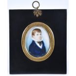 English School, early 19th c - Portrait Miniature of a Boy, wearing a ruff, in blue coat, sky