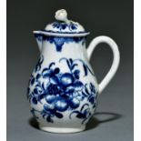 A Worcester sparrow beak hot milk jug and cover, c1770, painted in underglaze blue with the