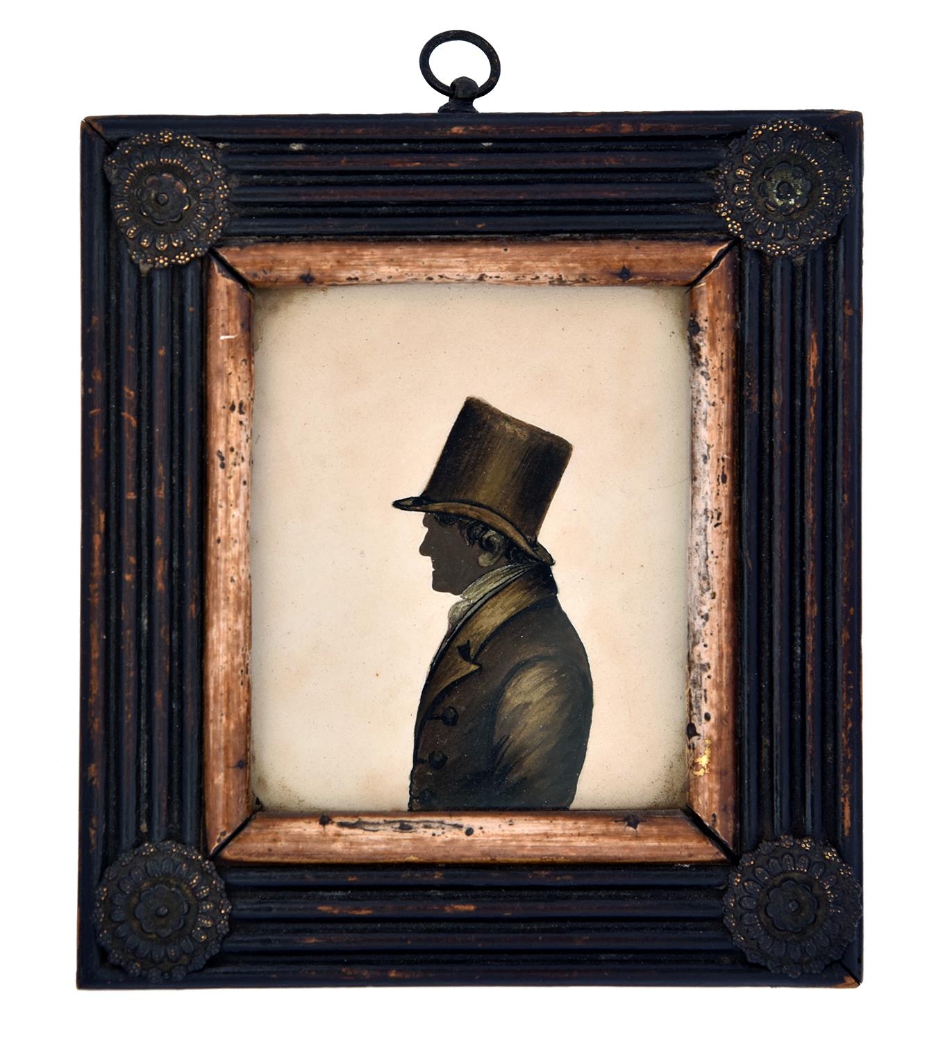 English Profilist, c1830 - Silhouette of a Gentleman, bust length in a top hat, painted on card,